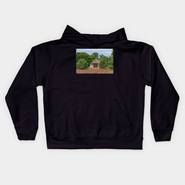 Farmhouse, heathland, heather blossom, Niederhaverbeck Kids Hoodie by Kruegerfoto